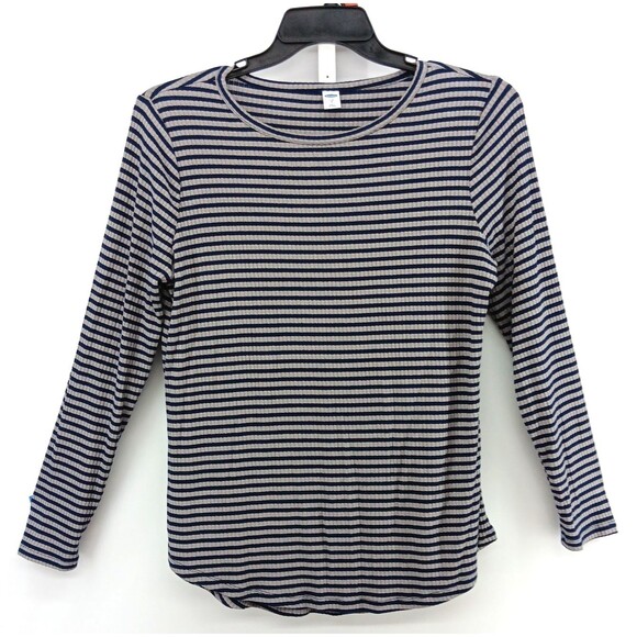 GAP Tops - Gap Shirt Womens Medium Blue Gray Striped Metallic Gold Thread Long Sleeve Top